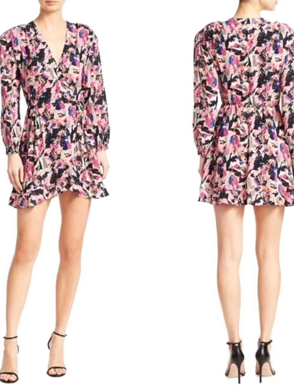 NWT IRO Bloomy Silky Floral Ruffle Trim Long Sleeve  Mini Wrap Dress
